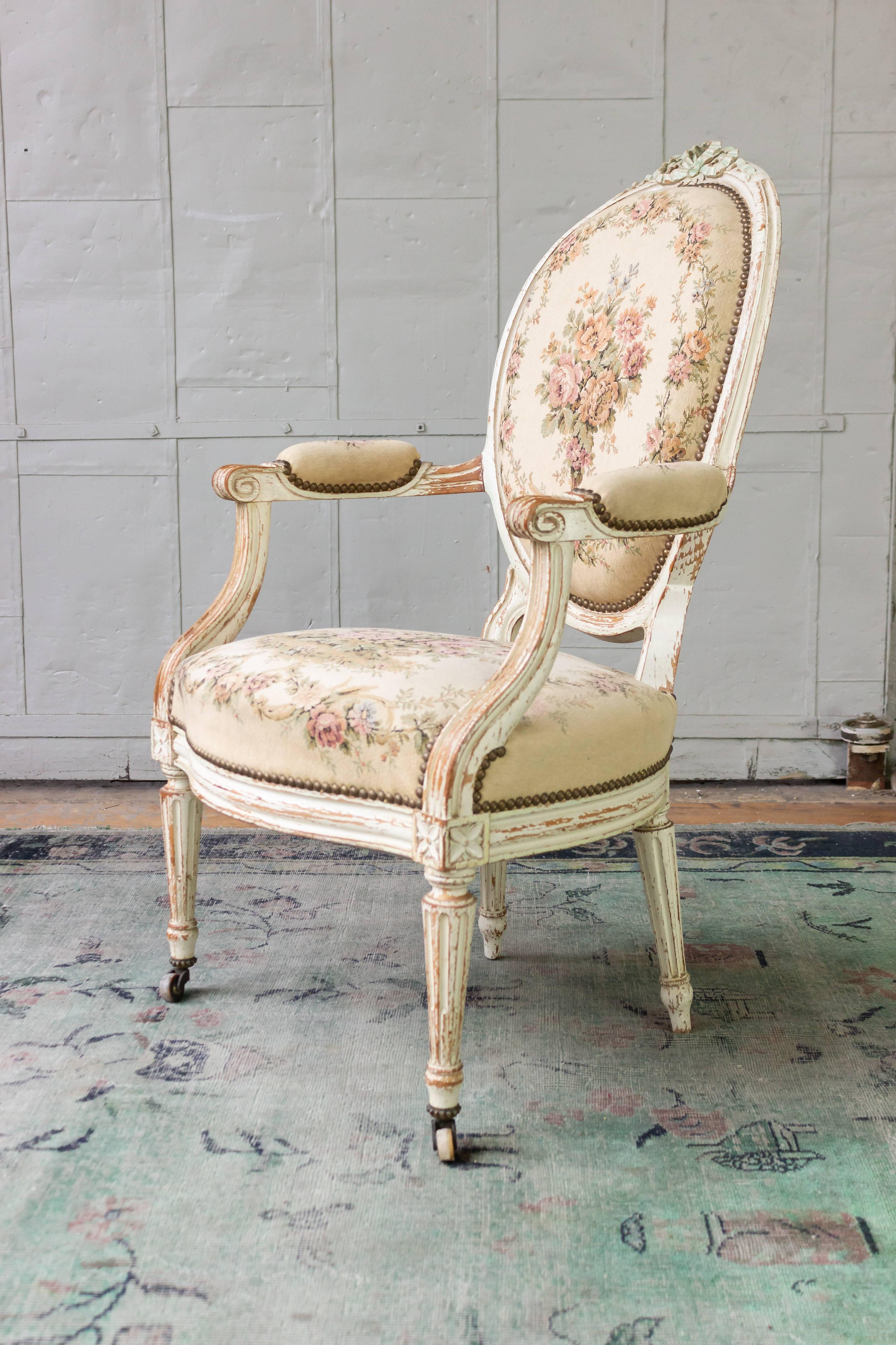 Upholstery Pair of French 19th Century Louis XVI Style Armchairs in Petit Point Fabric