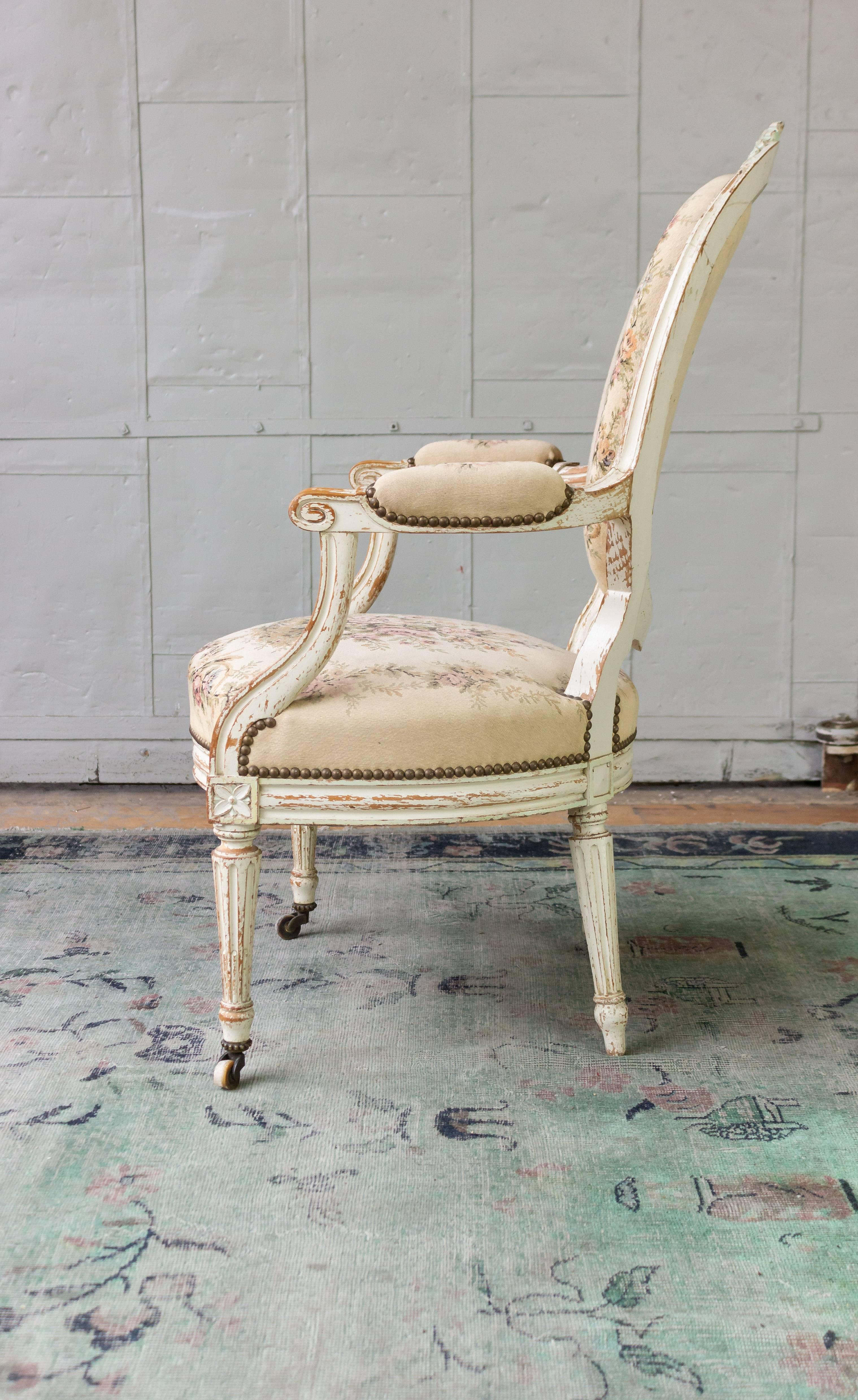 Pair of French 19th Century Louis XVI Style Armchairs in Petit Point Fabric 1
