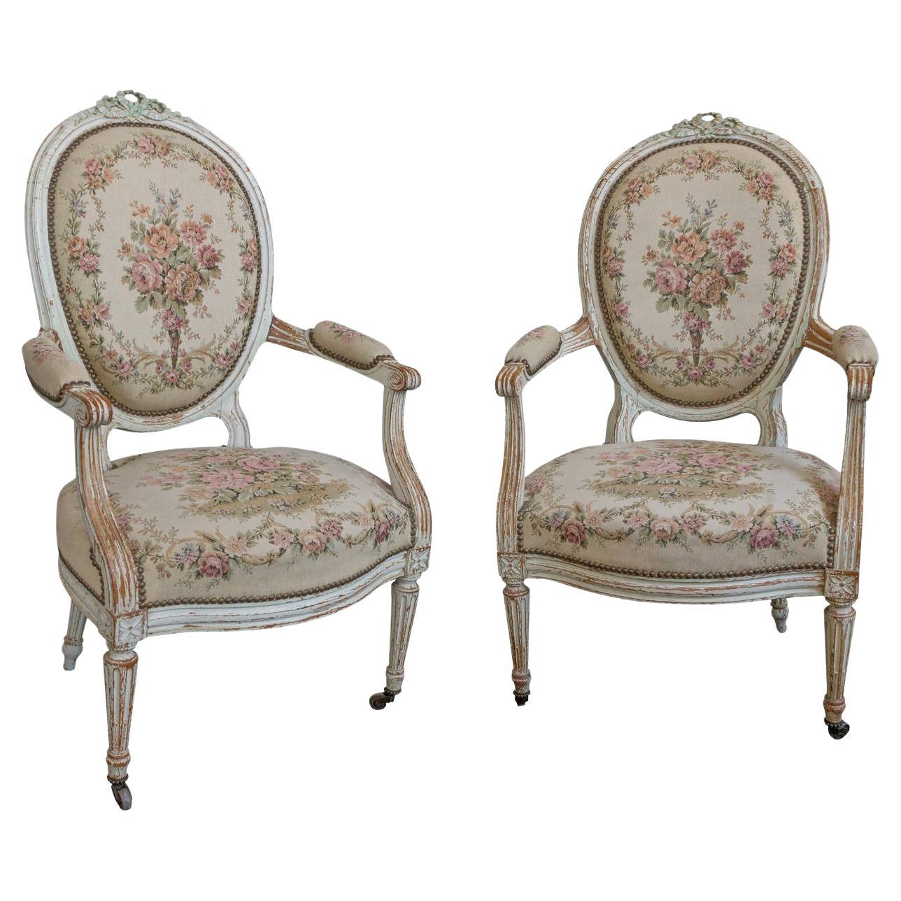 Pair of French 19th Century Louis XVI Style Armchairs in Petit Point Fabric For Sale