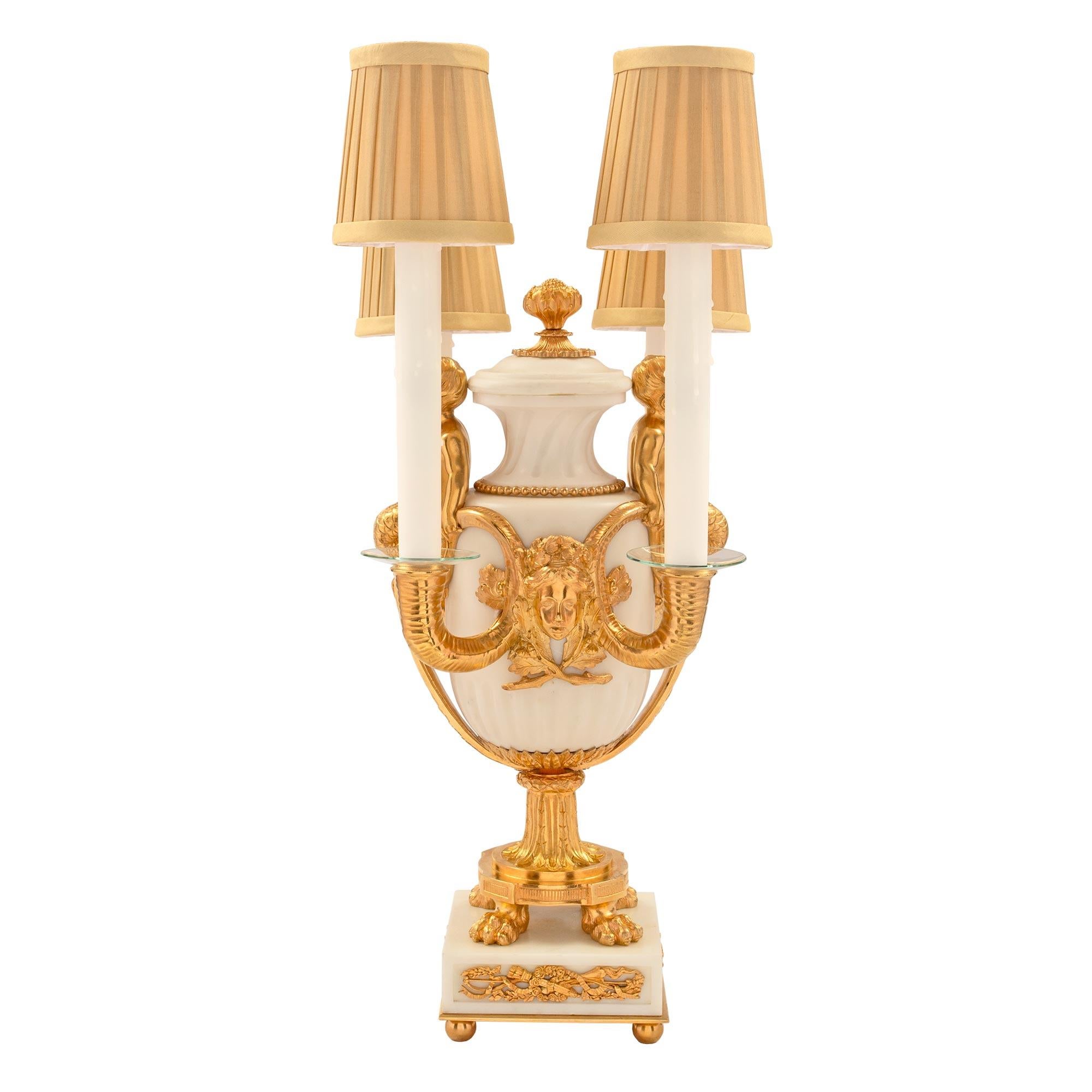 Ormolu Pair of French 19th Century Louis XVI Style Belle Époque Period Marble Lamps For Sale