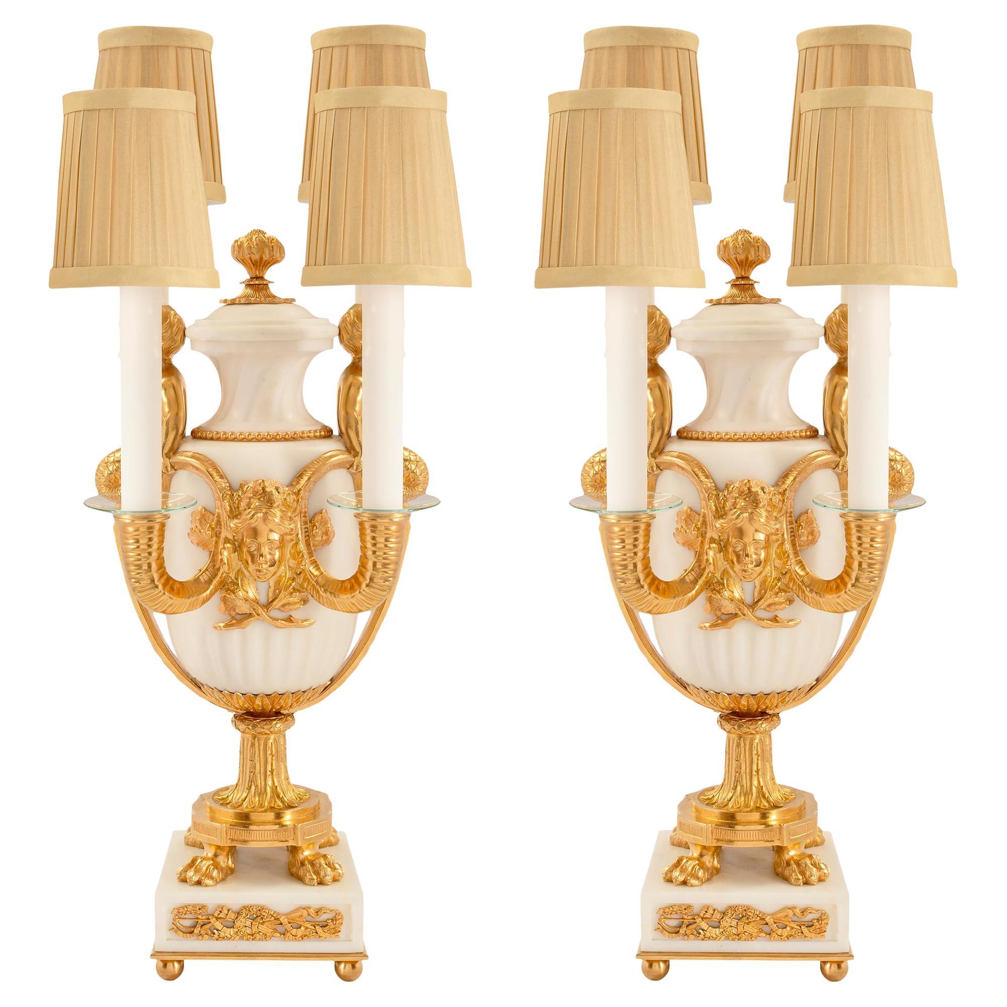 Pair of French 19th Century Louis XVI Style Belle Époque Period Marble Lamps For Sale