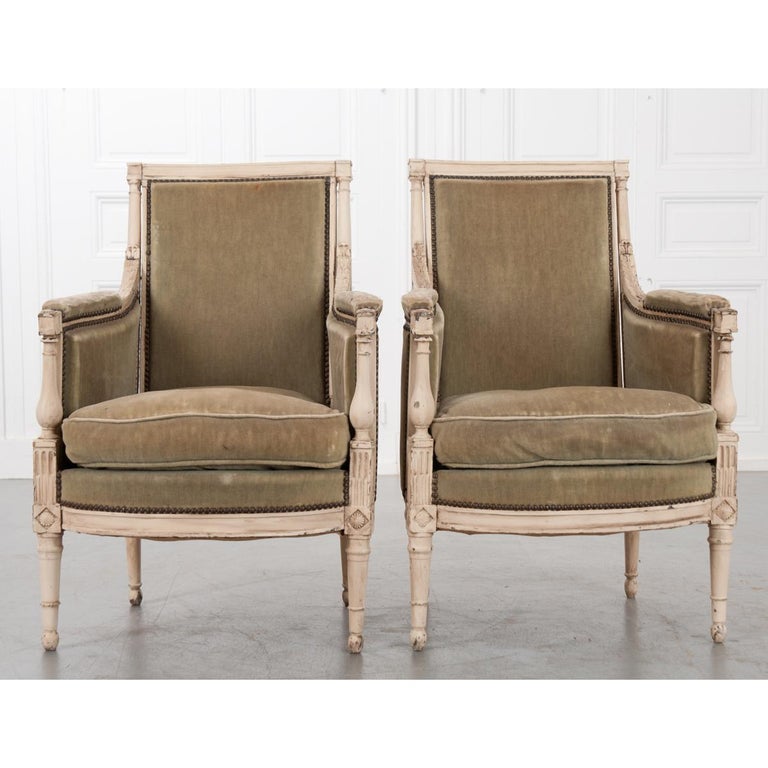 Pair of French 19th Century Louis XVI-Style Bergeres For Sale 4