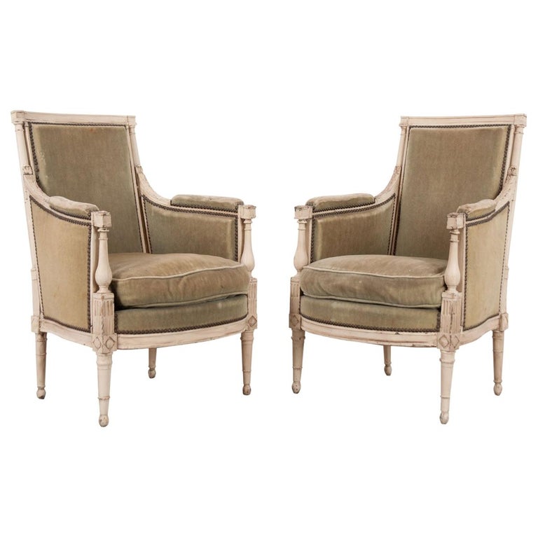 Pair of French 19th Century Louis XVI-Style Bergeres For Sale
