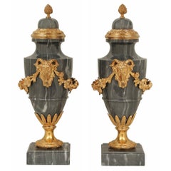 Pair of French 19th Century Louis XVI Style Blue Turquin Marble and Ormolu Urns