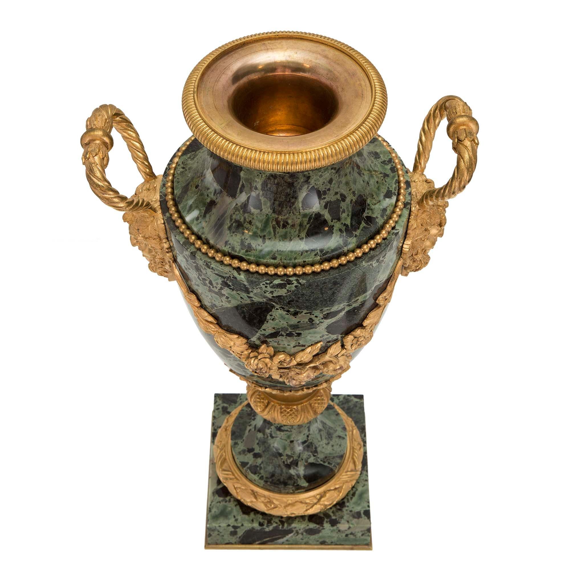 Pair of French 19th Century Louis XVI Style Brèche Verte Marble and Ormolu Urns For Sale 1