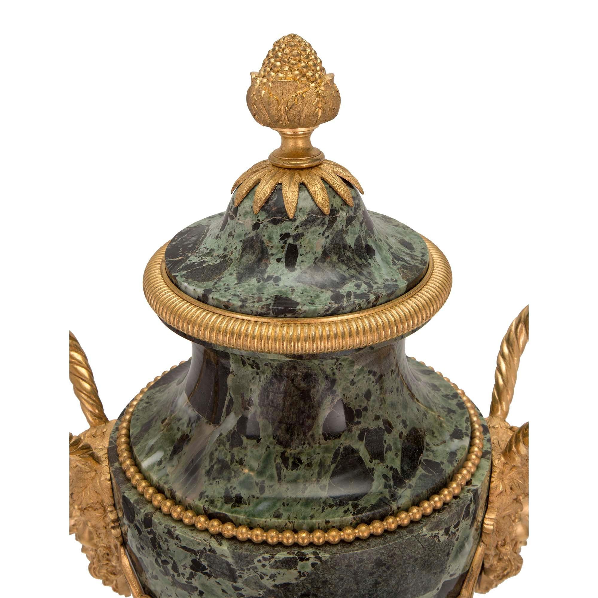 Pair of French 19th Century Louis XVI Style Brèche Verte Marble and Ormolu Urns For Sale 2