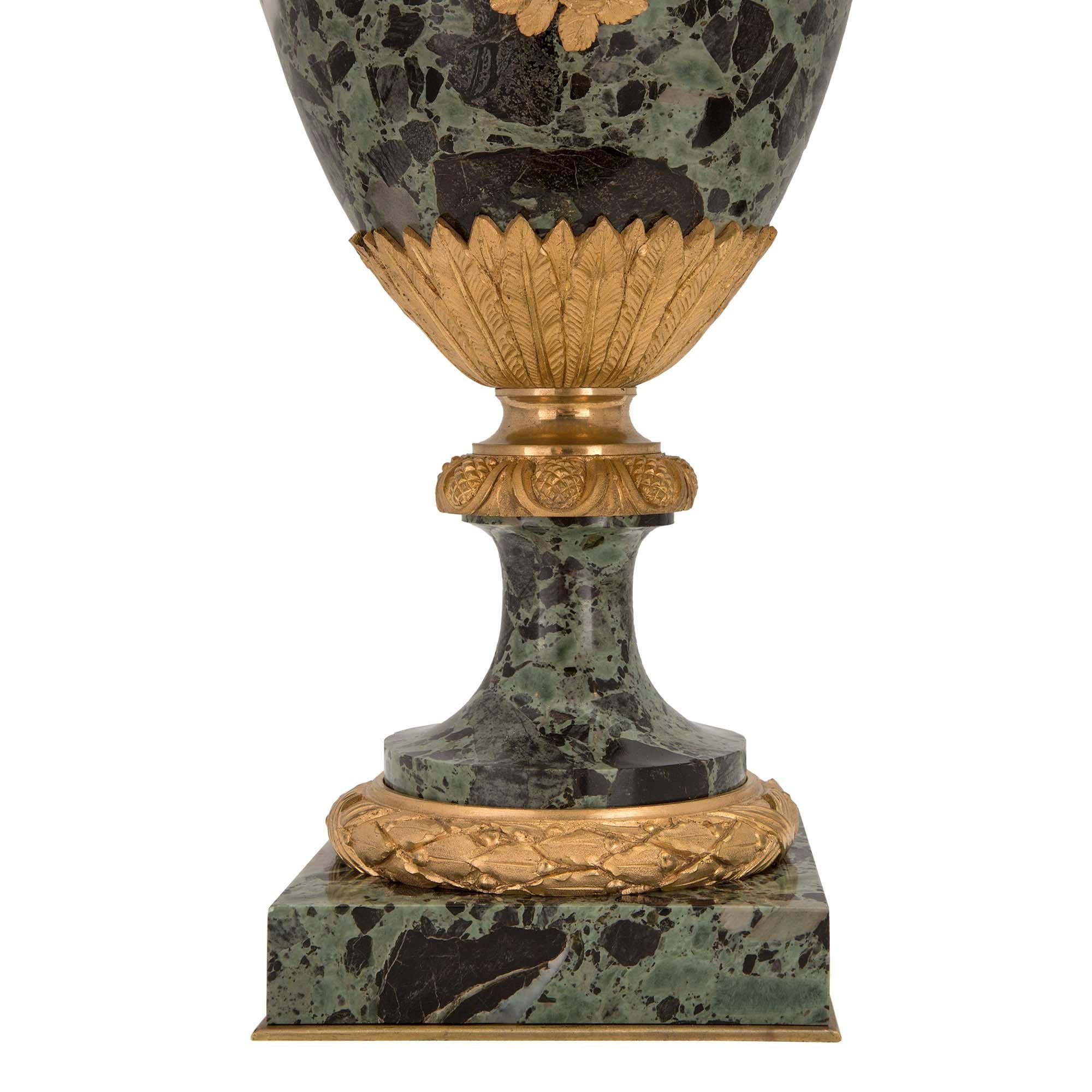 Pair of French 19th Century Louis XVI Style Brèche Verte Marble and Ormolu Urns For Sale 3