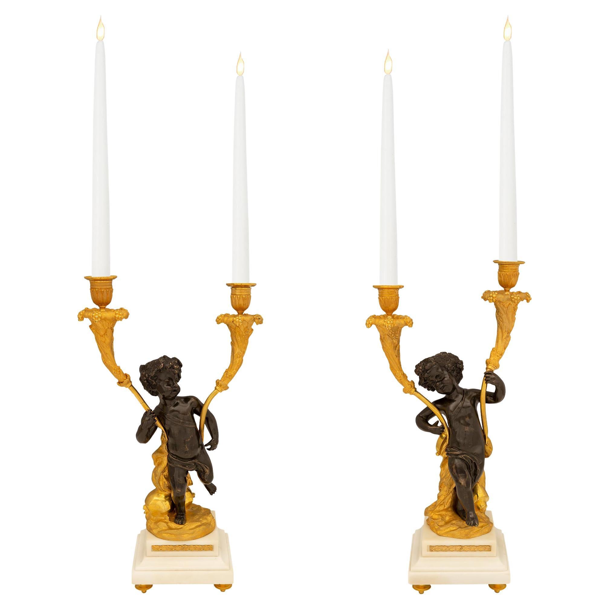 Pair of French 19th Century Louis XVI Style Bronze and Marble Candelabras For Sale