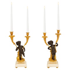 Pair of French 19th Century Louis XVI Style Bronze and Marble Candelabras
