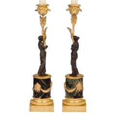 Pair of French 19th Century Louis XVI Style Bronze and Marble Candlesticks