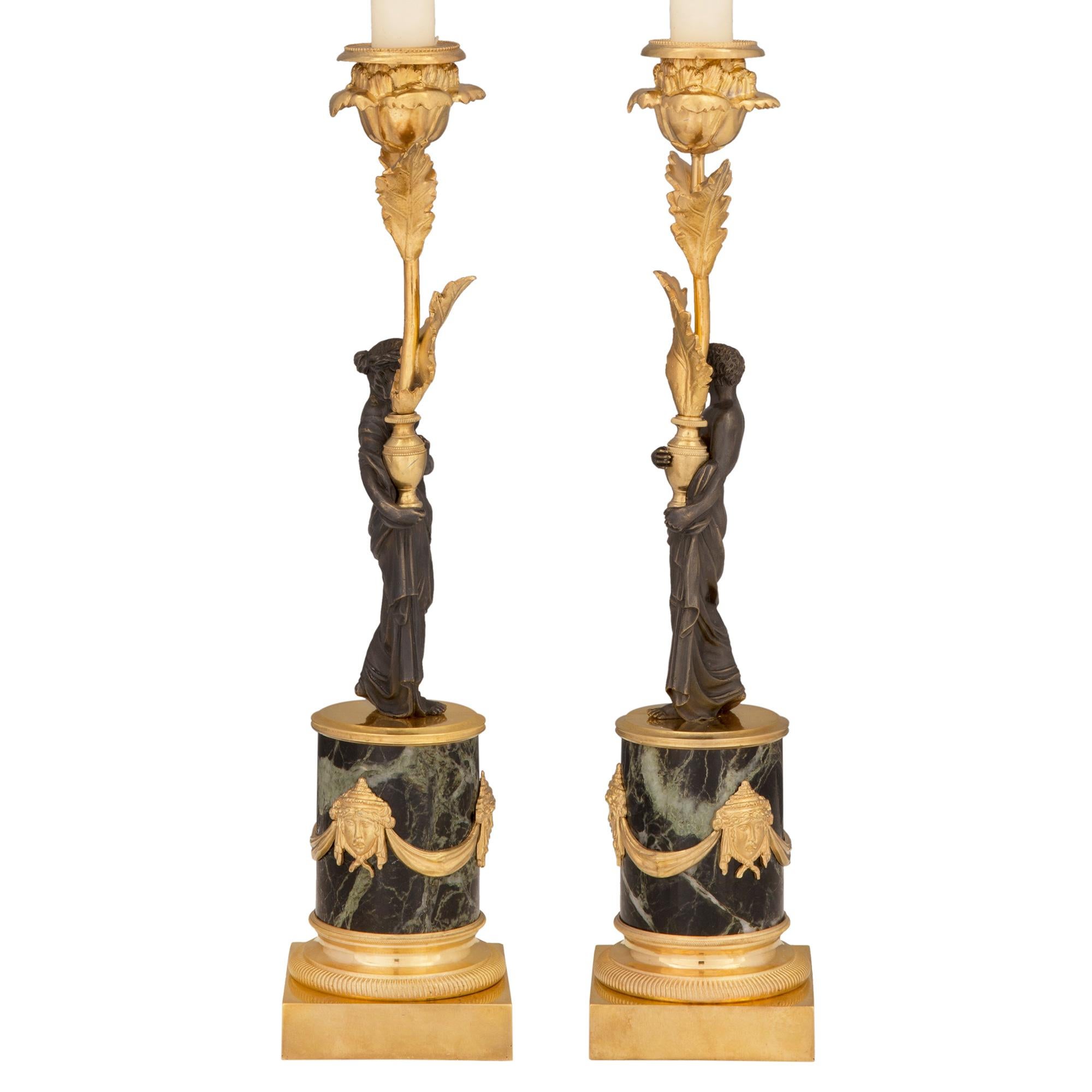 Pair of French 19th Century Louis XVI Style Bronze and Marble Candlesticks In Good Condition For Sale In West Palm Beach, FL
