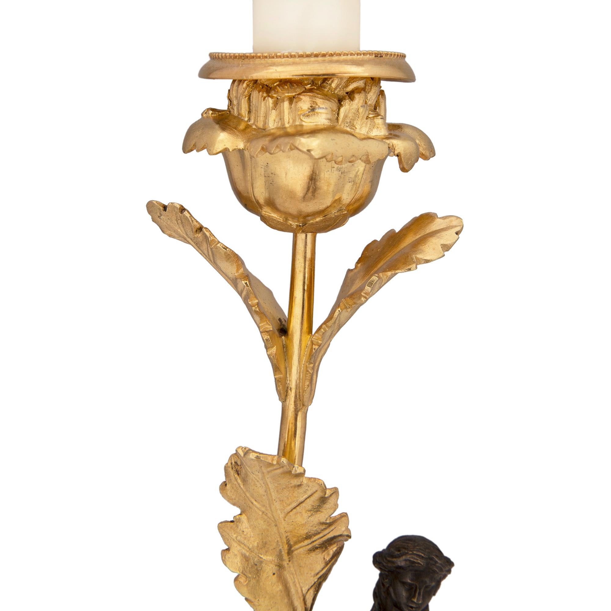 Pair of French 19th Century Louis XVI Style Bronze and Marble Candlesticks For Sale 1