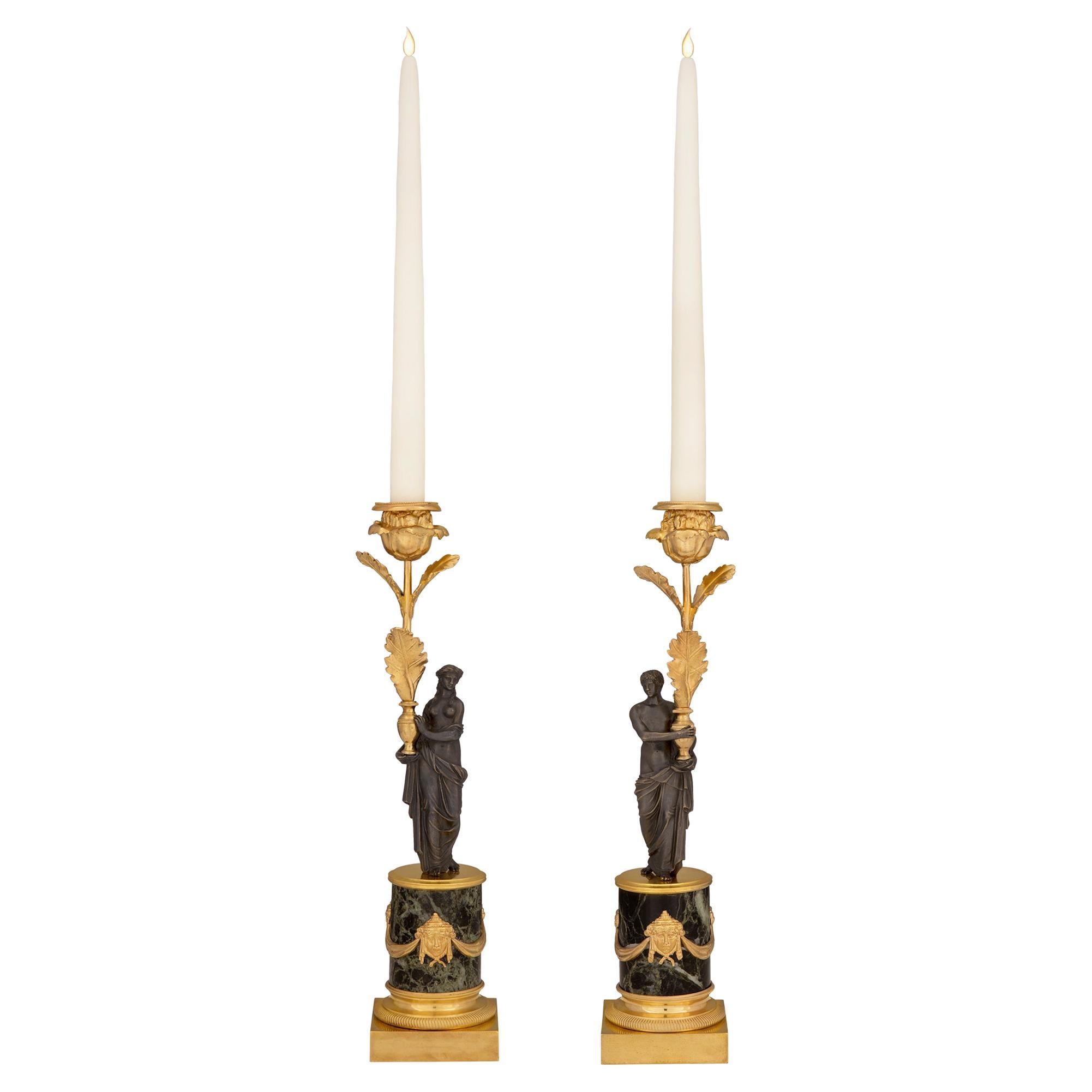 Pair of French 19th Century Louis XVI Style Bronze and Marble Candlesticks For Sale