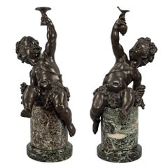 Antique Pair of French 19th Century Louis XVI Style Bronze and Marble Statues