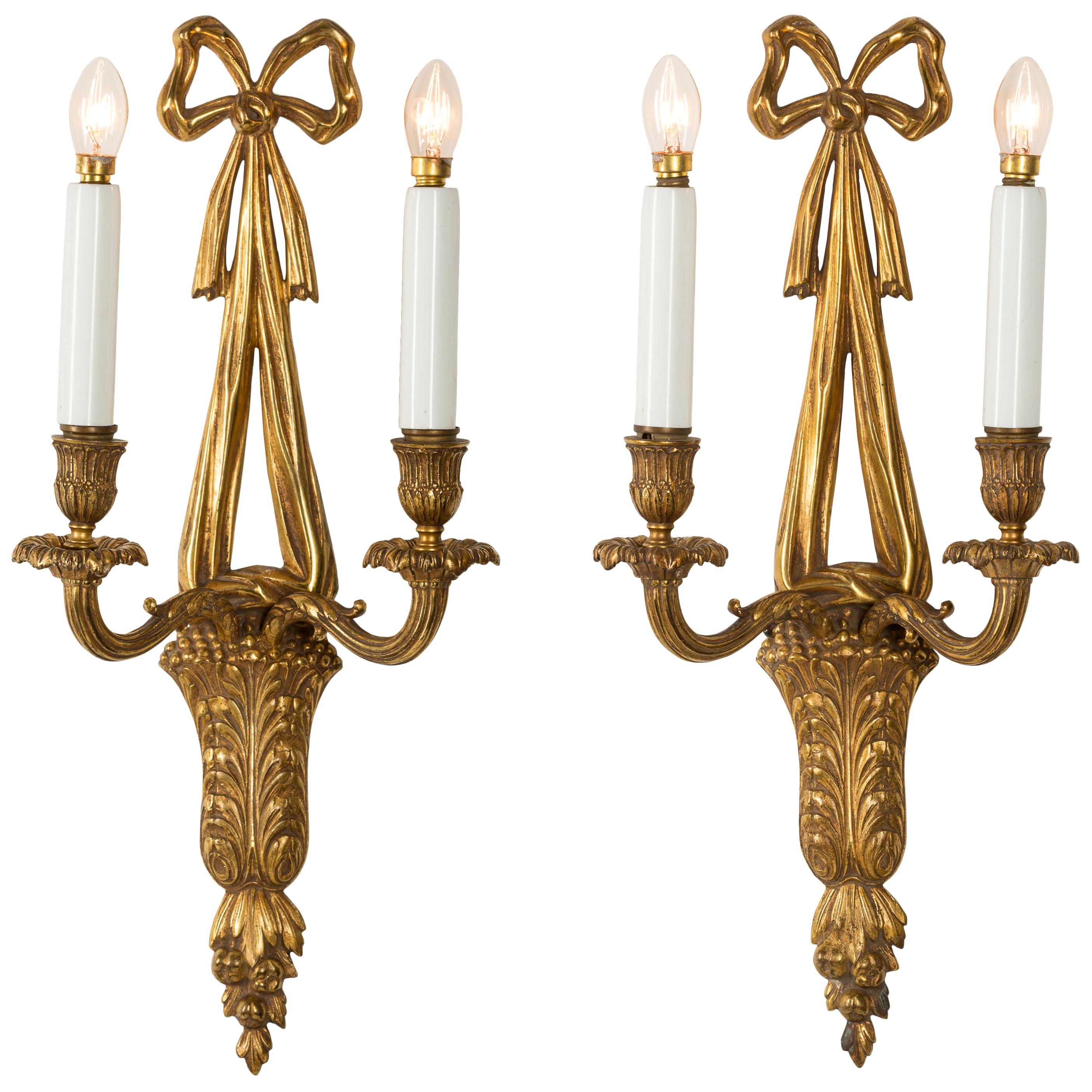 Pair of French 19th Century Louis XVI Style Bronze Appliqué Wall Sconces