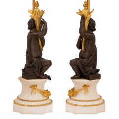 Pair of French 19th Century Louis XVI Style Bronze, Ormolu and Marble Lamps