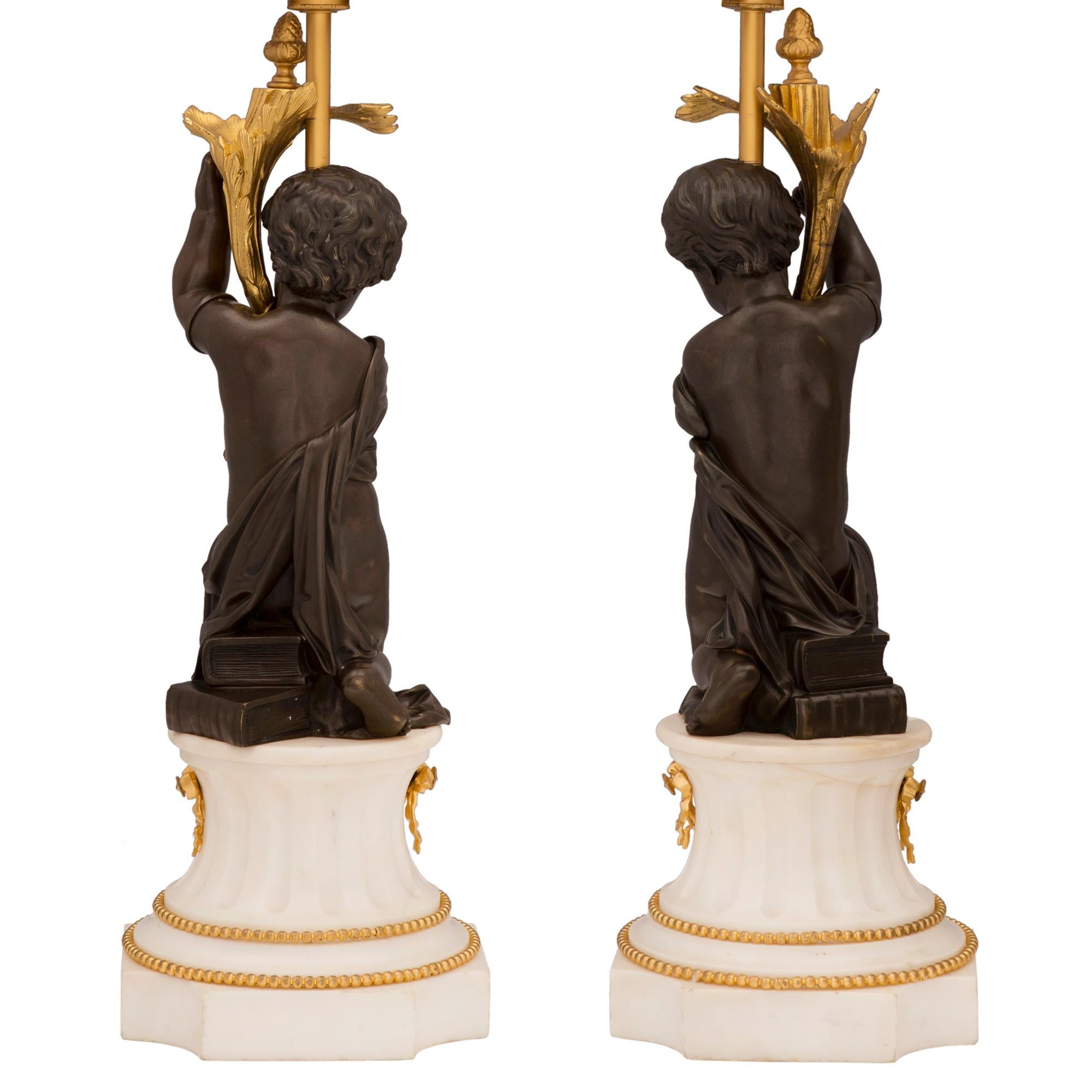 Patinated Pair of French 19th Century Louis XVI Style Bronze, Ormolu and Marble Lamps For Sale