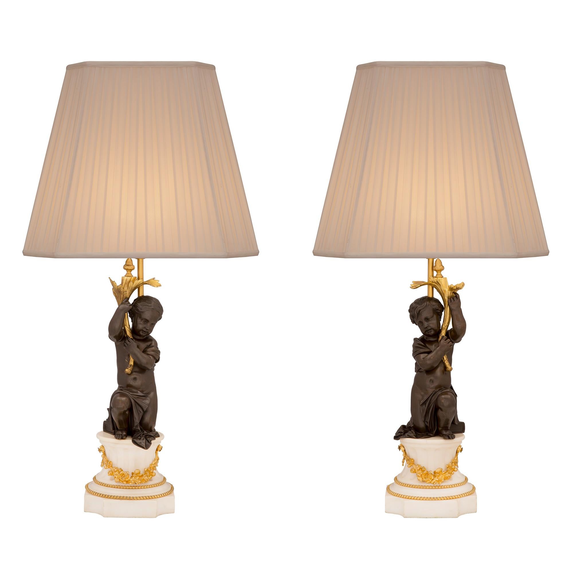 Pair of French 19th Century Louis XVI Style Bronze, Ormolu and Marble Lamps For Sale