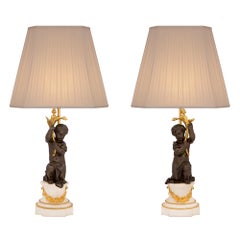 Pair of French 19th Century Louis XVI Style Bronze, Ormolu and Marble Lamps