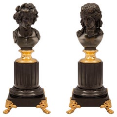 Pair of French 19th Century Louis XVI Style Bronze, Ormolu and Marble Statuettes