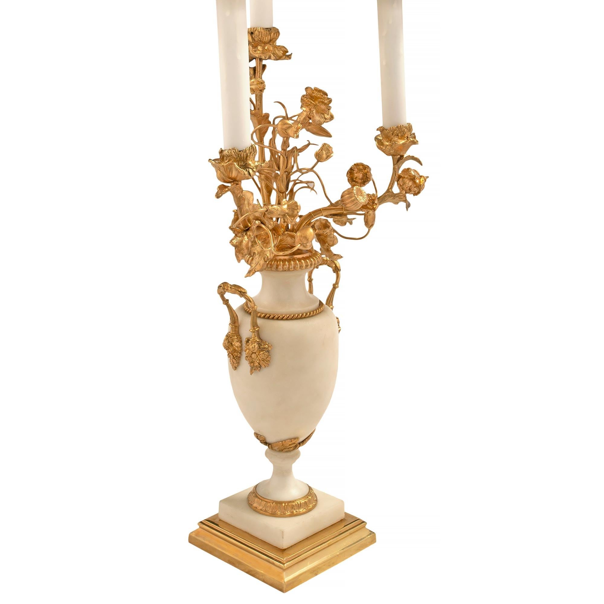 Pair of French 19th Century Louis XVI Style Carrara Marble & Ormolu Candelabras For Sale 1