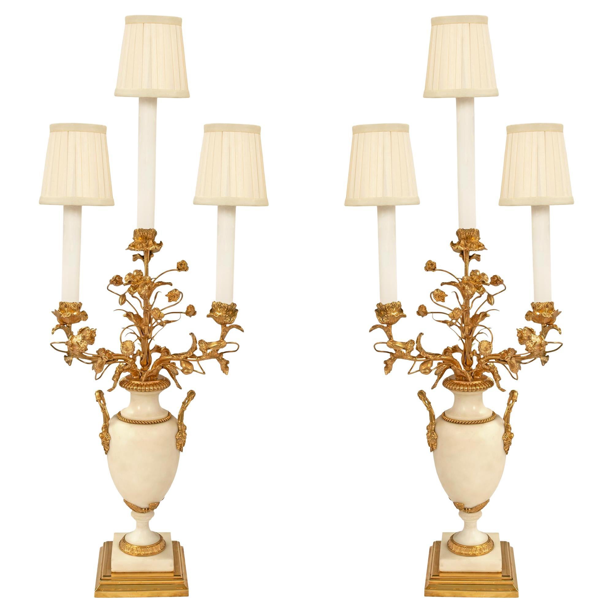Pair of French 19th Century Louis XVI Style Carrara Marble & Ormolu Candelabras For Sale