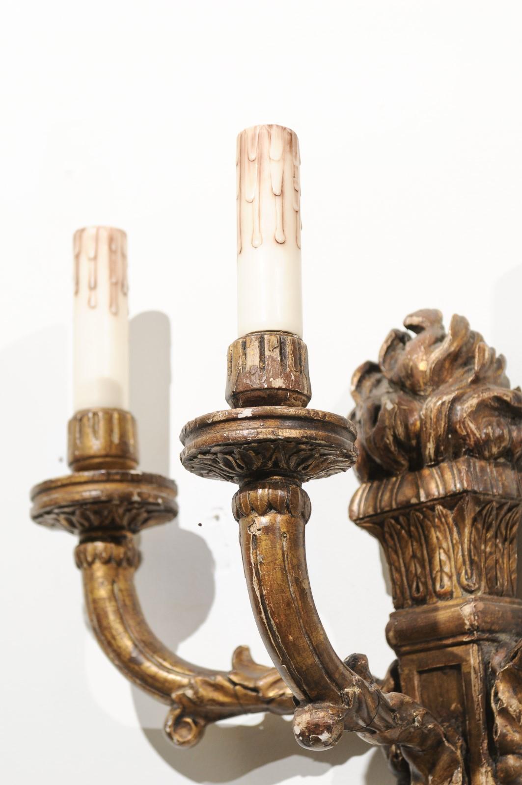 Pair of French 19th Century Louis XVI Style Carved and Gilded Wall Sconces 2