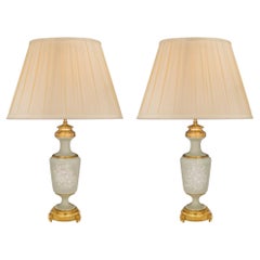 Pair of French 19th Century Louis XVI Style Celadon and Ormolu Lamps