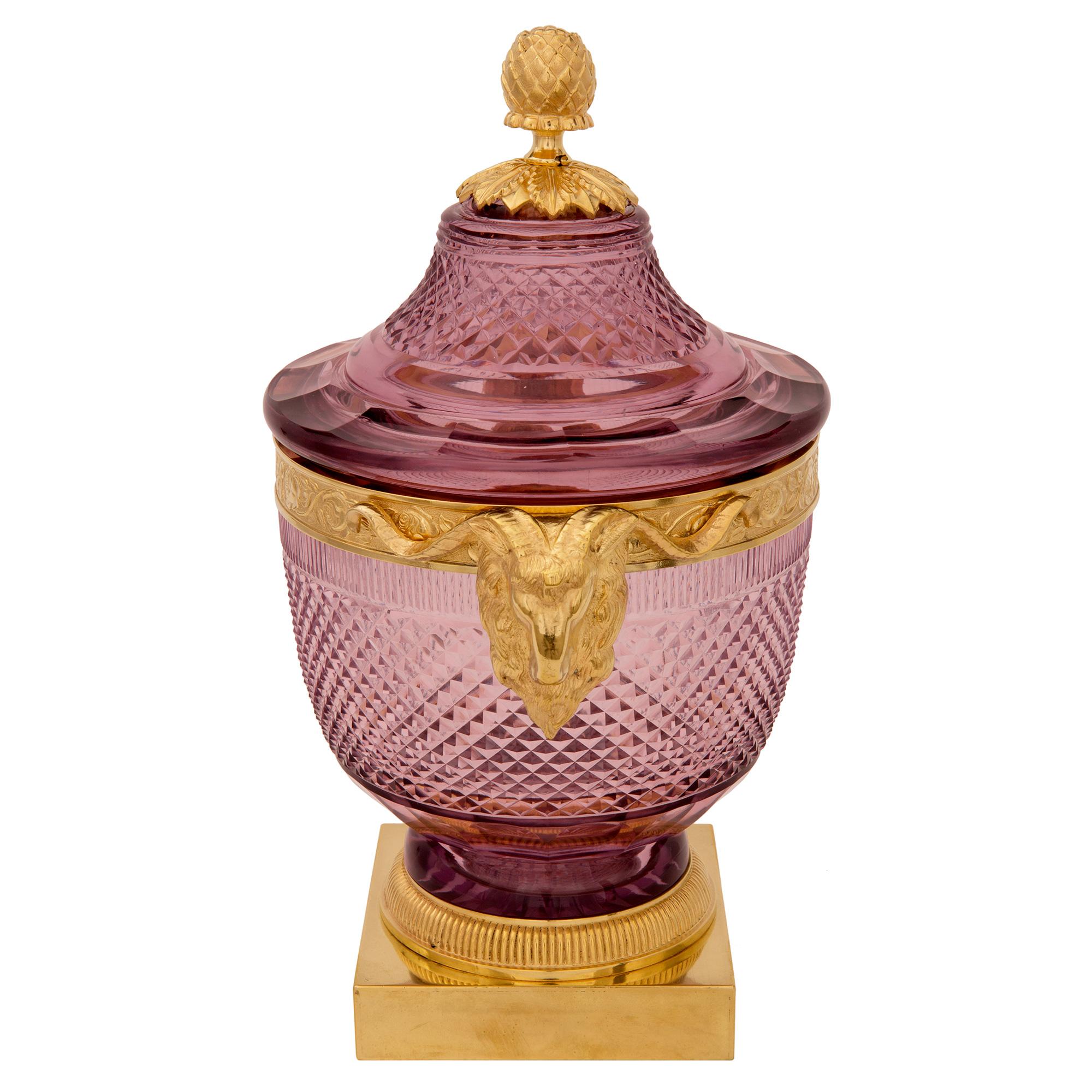Pair of French 19th Century Louis XVI Style Crystal and Ormolu Lidded Urns For Sale 1