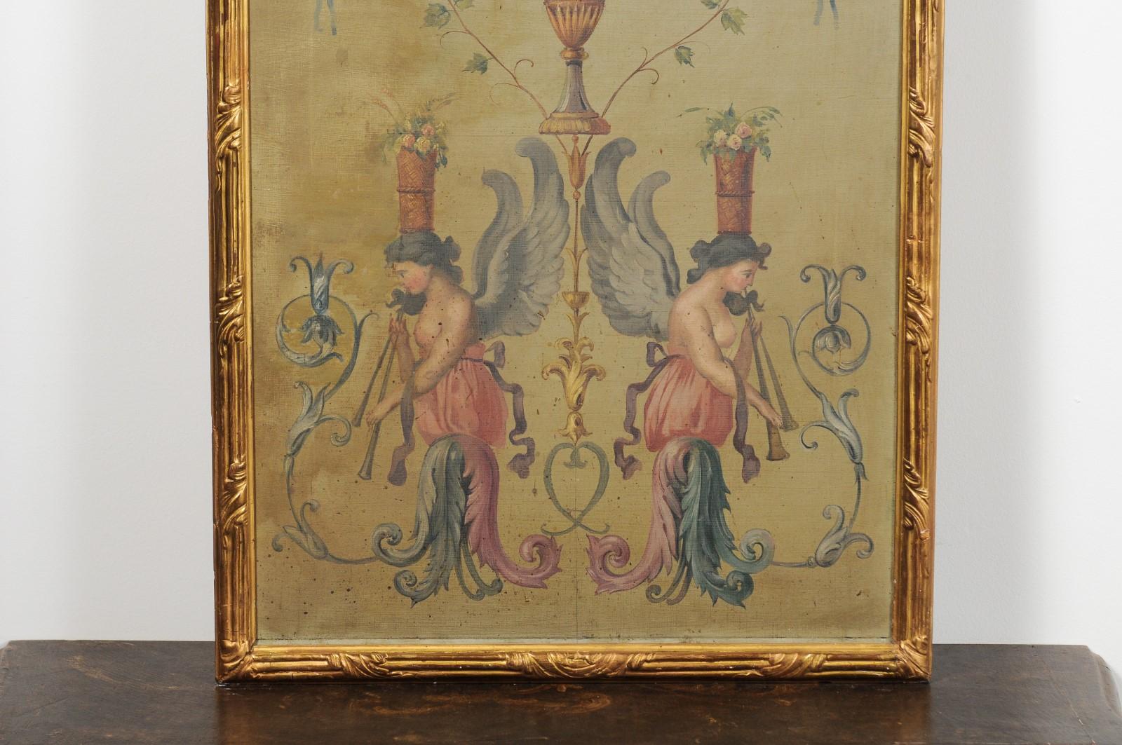 A pair of French Louis XVI style framed oil on canvas architectural panels from the 19th century, depicting Pompeian inspired grotesques. Created in France during the 19th century, each of this pair of oil on canvas panels depicts grotesques that