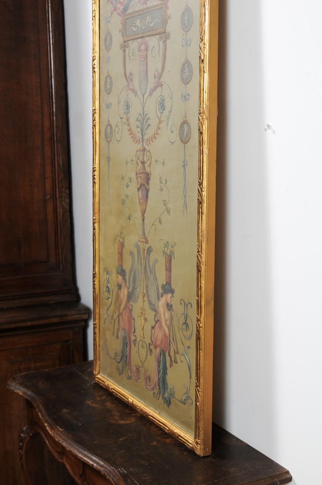 Canvas Pair of French 19th Century Louis XVI Style Gilt Framed Grotesques Oil Panels