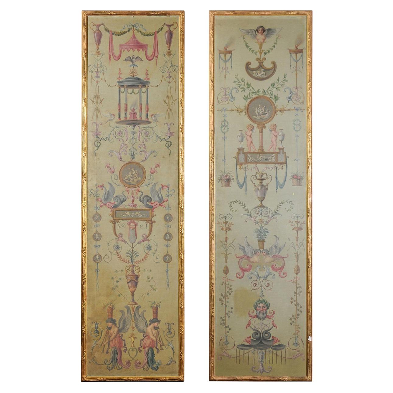 Pair of French 19th Century Louis XVI Style Gilt Framed Grotesques Oil Panels