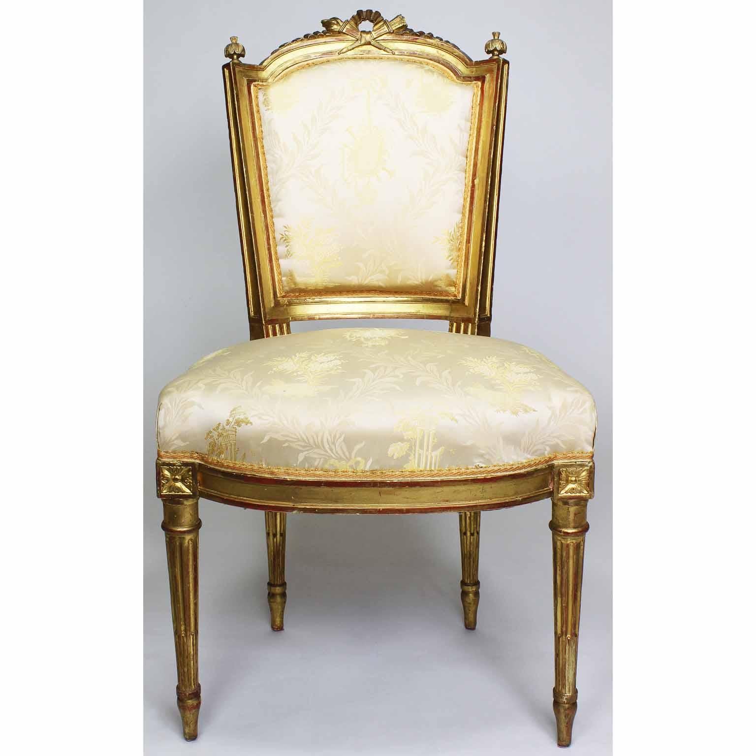 Pair of French 19th Century Louis XVI Style Giltwood Carved Boudoir Side Chairs In Distressed Condition For Sale In Los Angeles, CA