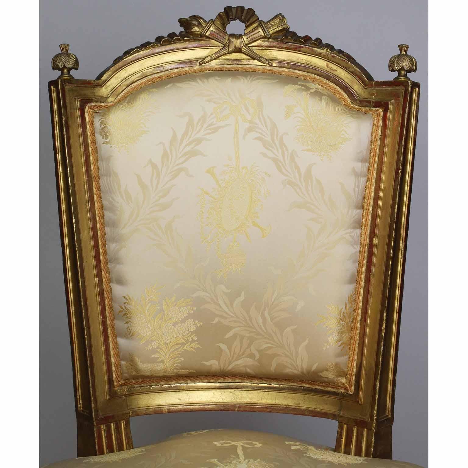 Silk Pair of French 19th Century Louis XVI Style Giltwood Carved Boudoir Side Chairs For Sale