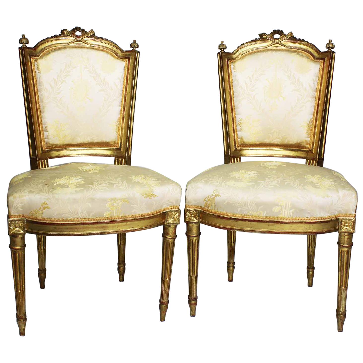 Pair of French 19th Century Louis XVI Style Giltwood Carved Boudoir Side Chairs