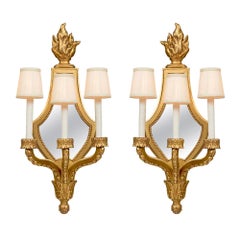 Antique Pair of French 19th Century Louis XVI Style Giltwood Mirrored Sconces