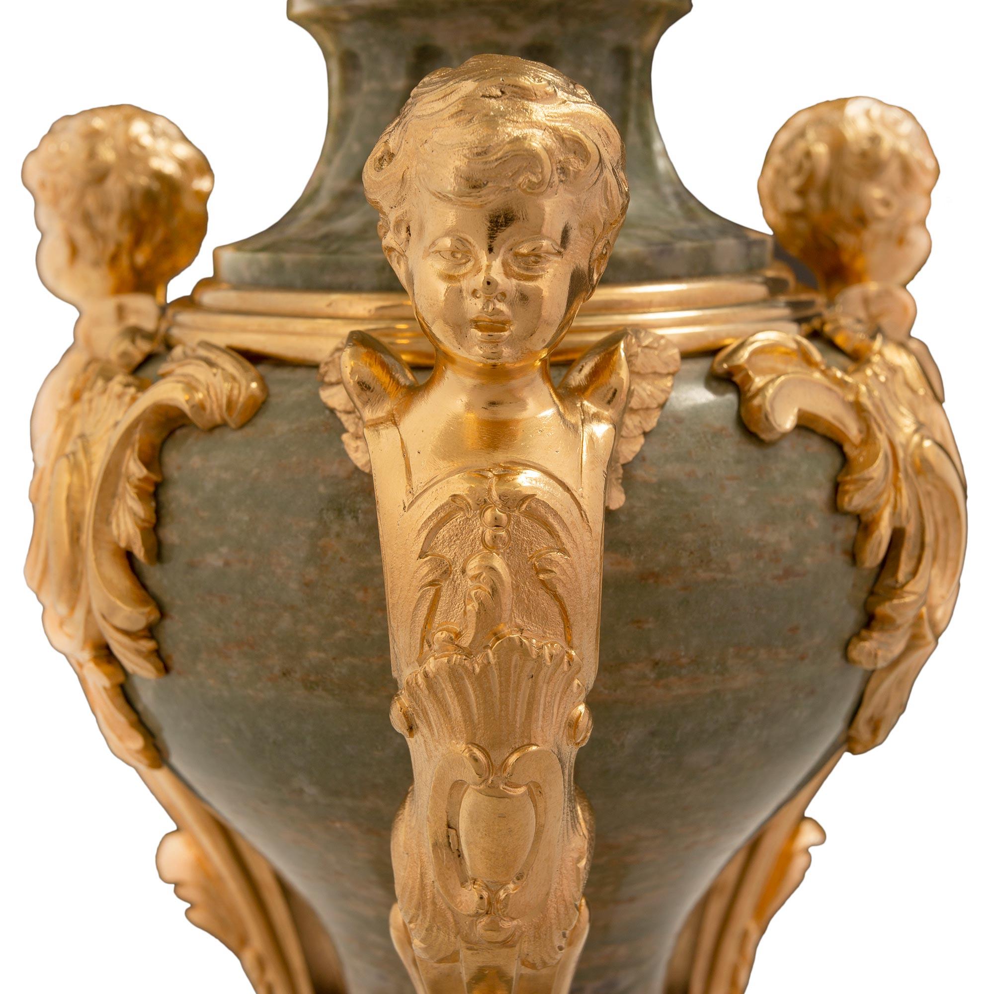 Pair of French 19th Century Louis XVI Style Green Marble and Ormolu Lidded Urns For Sale 2