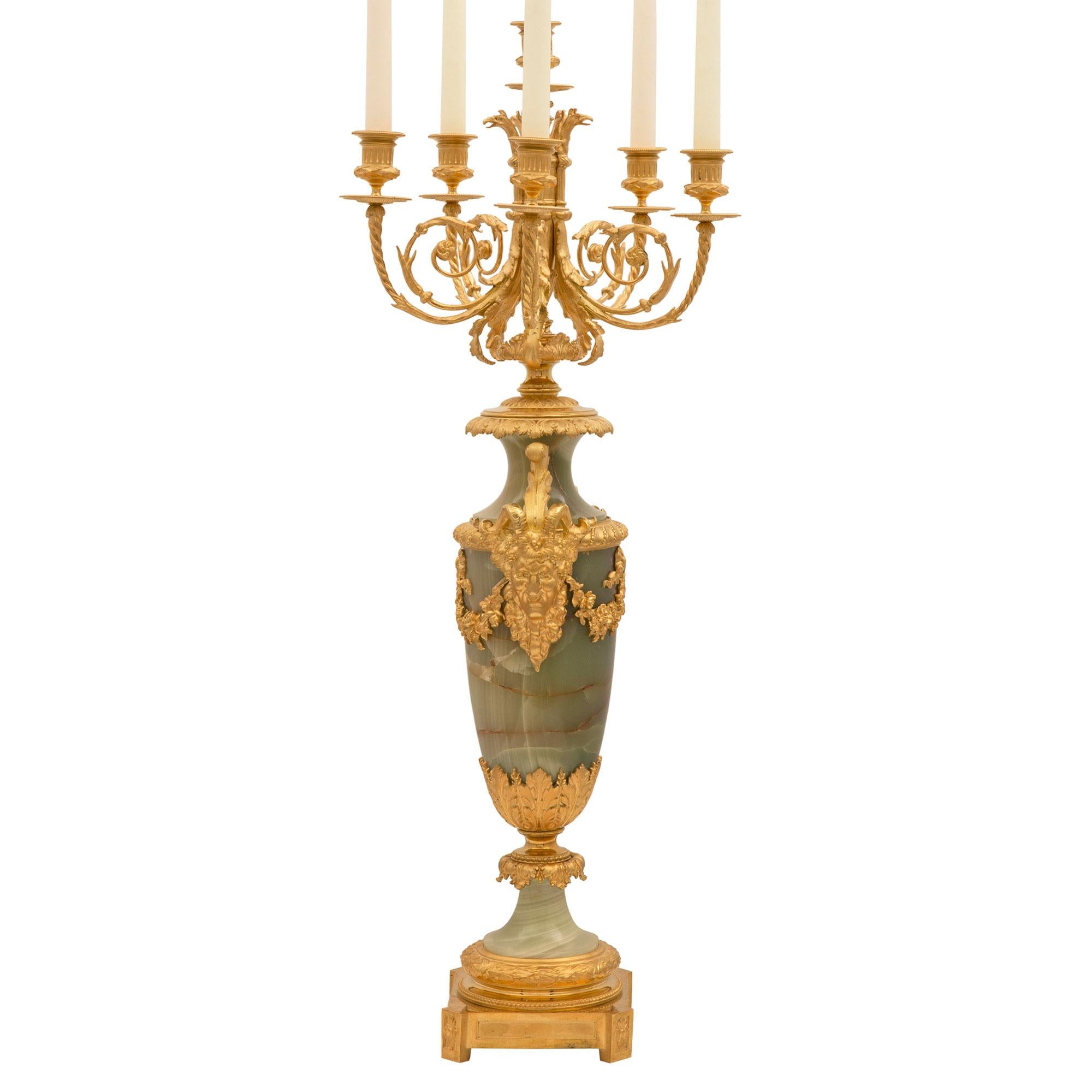 Belle Époque Pair of French 19th Century Louis XVI Style Green Onyx and Ormolu Candelabras For Sale