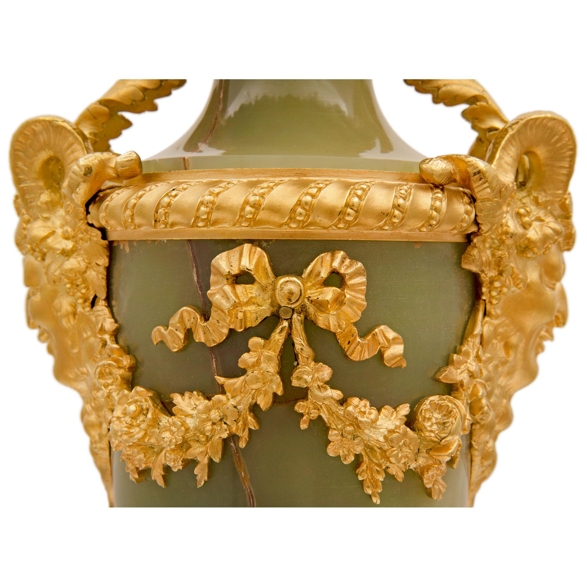 Pair of French 19th Century Louis XVI Style Green Onyx and Ormolu Candelabras For Sale 2