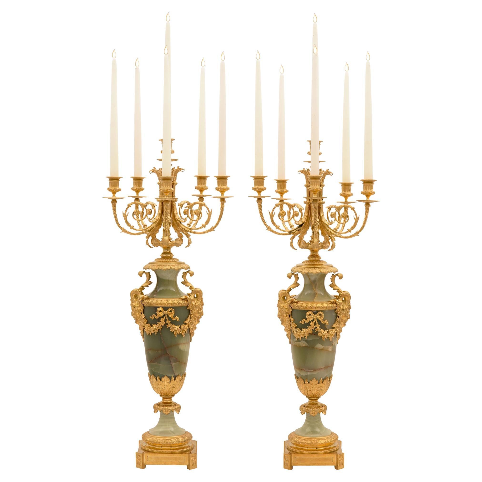 Pair of French 19th Century Louis XVI Style Green Onyx and Ormolu Candelabras For Sale