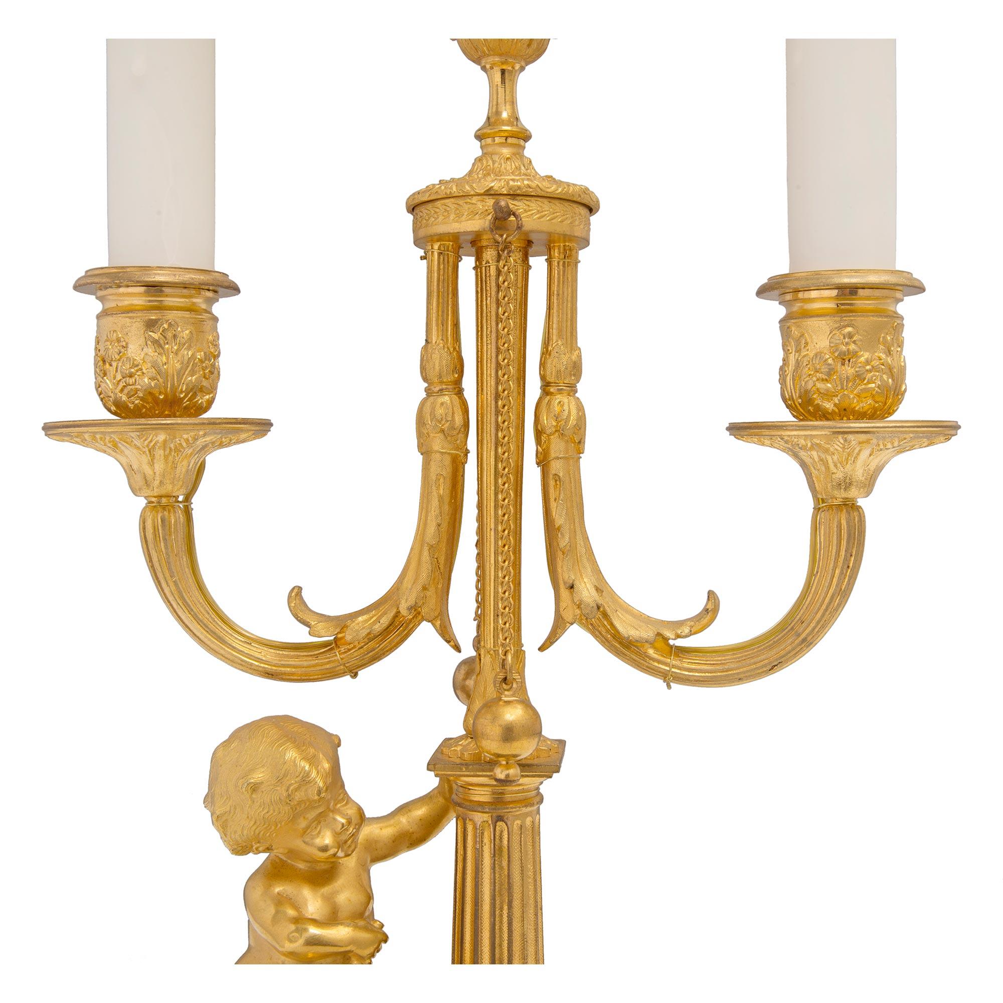 Pair of French 19th Century Louis XVI Style Griotte Marble and Ormolu Lamps For Sale 2