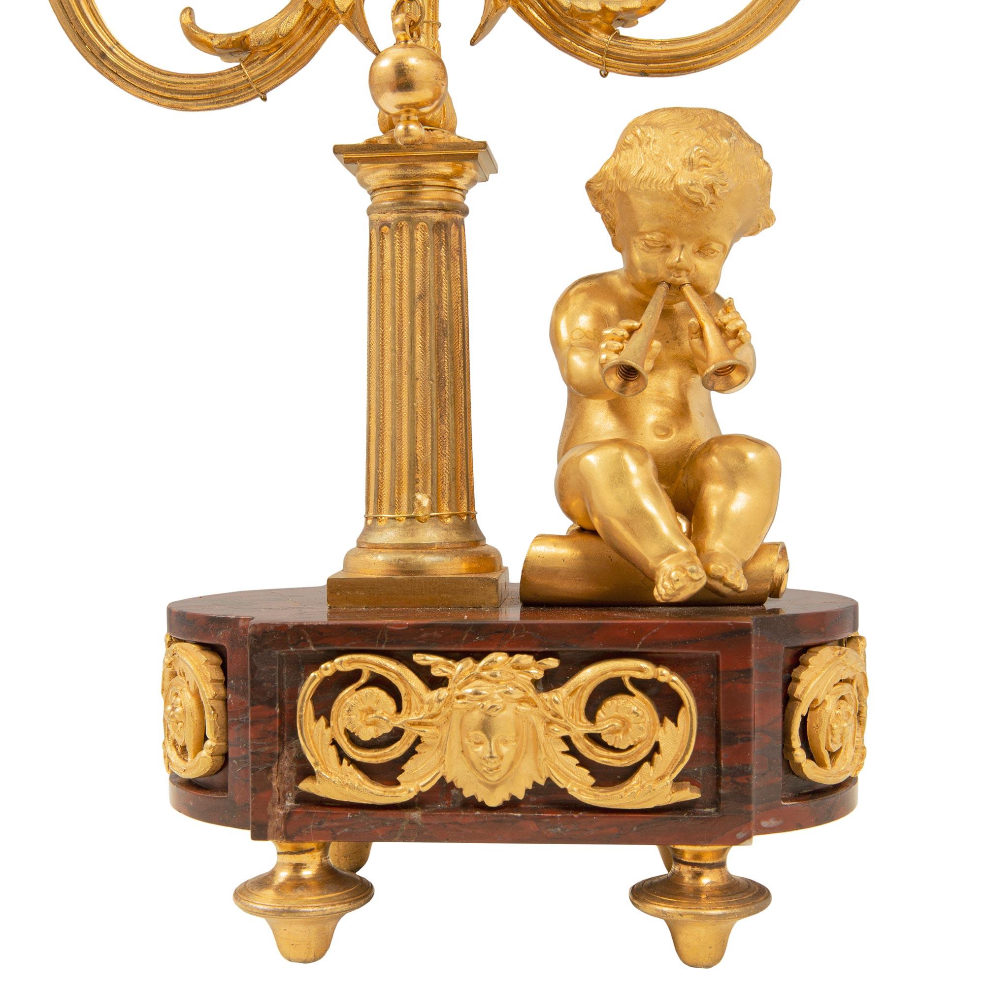 Pair of French 19th Century Louis XVI Style Griotte Marble and Ormolu Lamps For Sale 3