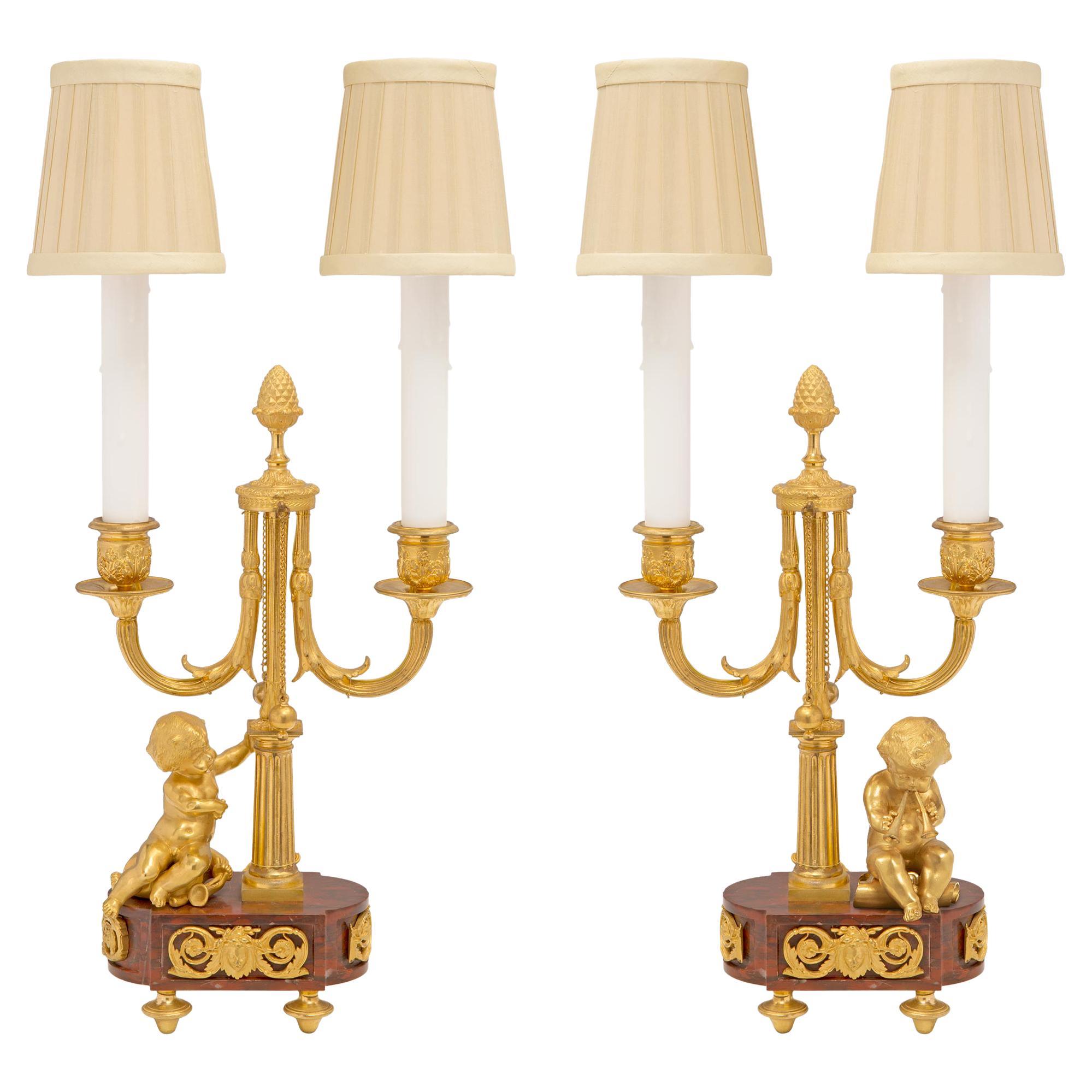 Pair of French 19th Century Louis XVI Style Griotte Marble and Ormolu Lamps For Sale