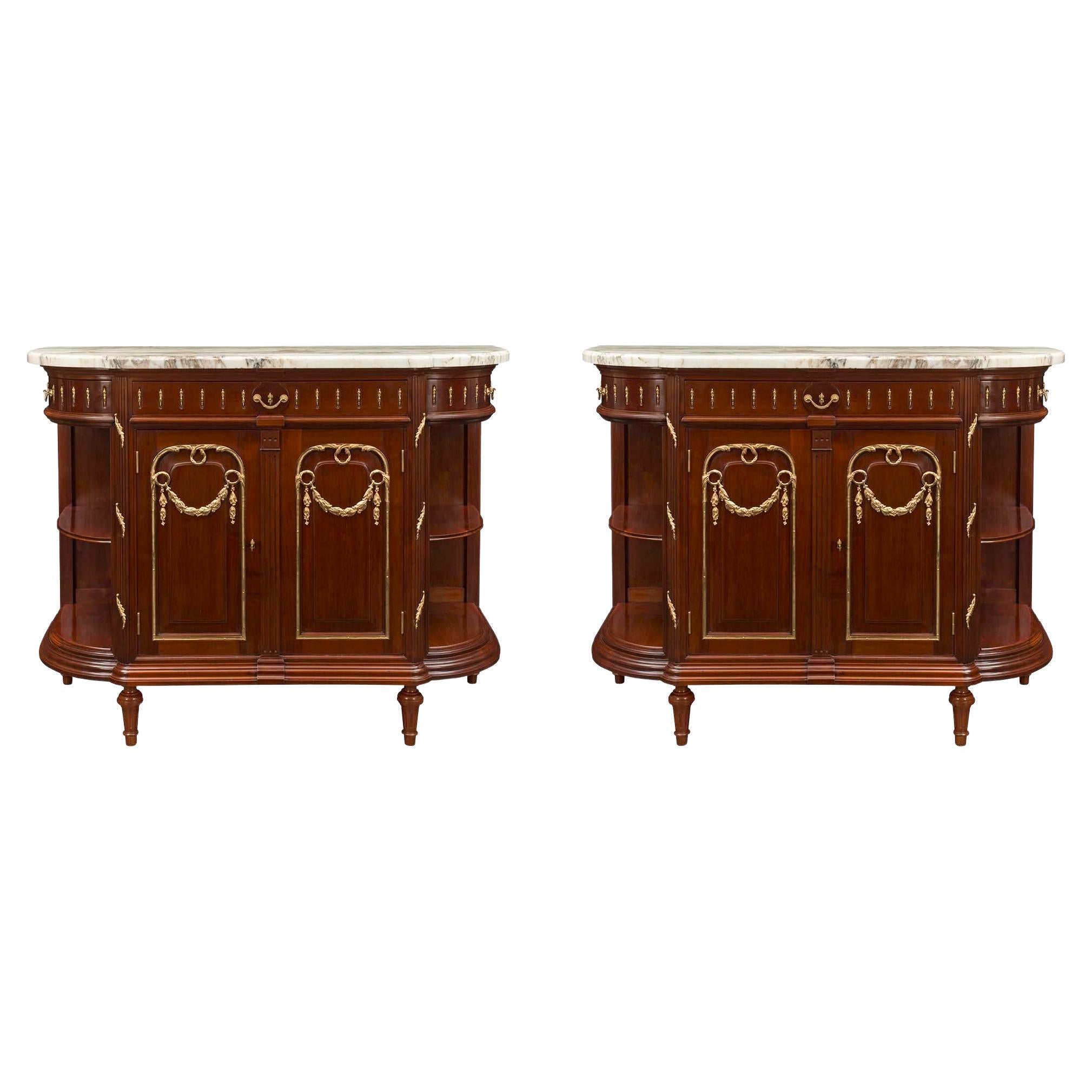 Pair of French 19th Century Louis XVI Style Mahogany and Marble Buffets For Sale
