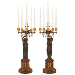 Pair of French 19th Century Louis XVI Style Marble and Bronze Candelabras