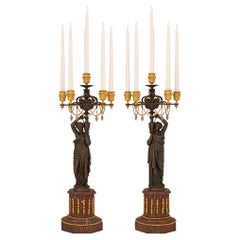 Pair of French 19th Century Louis XVI Style Marble and Bronze Candelabras