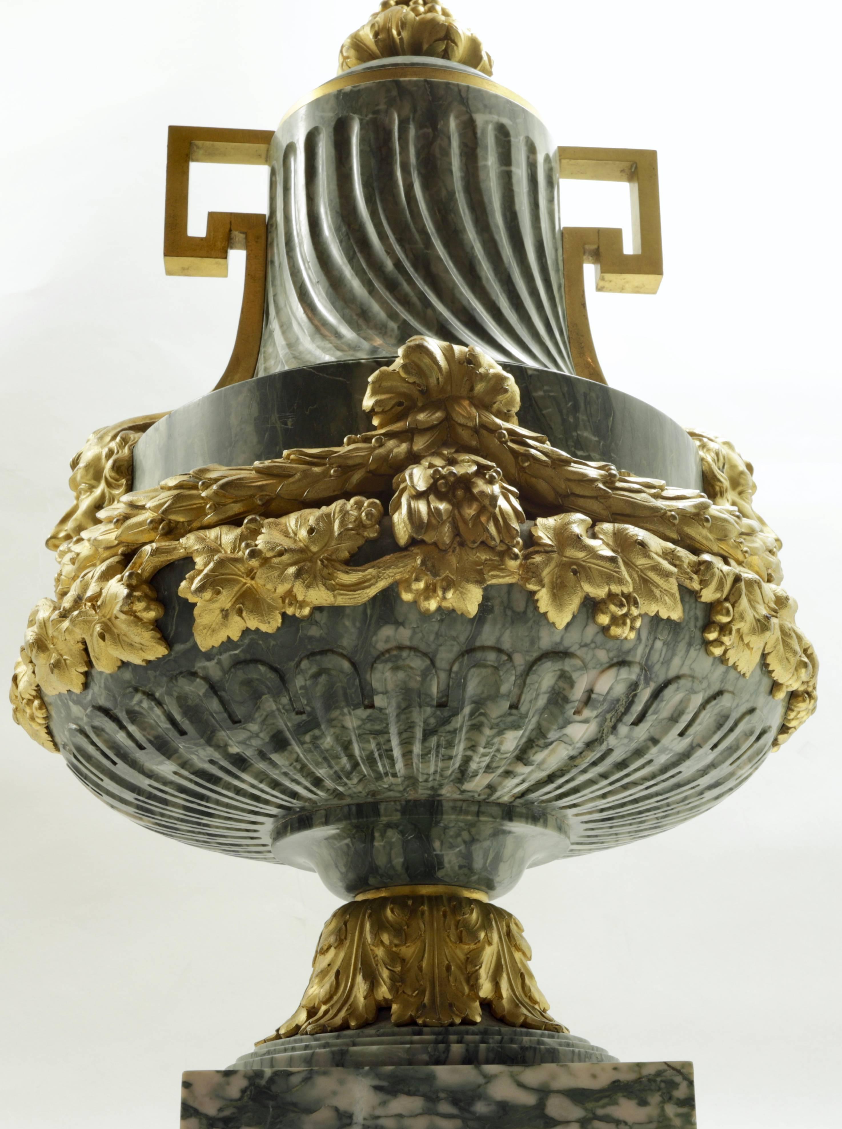 Pair French 19th Century Louis XVI Style Marble and Gilt Bronze Urns 2