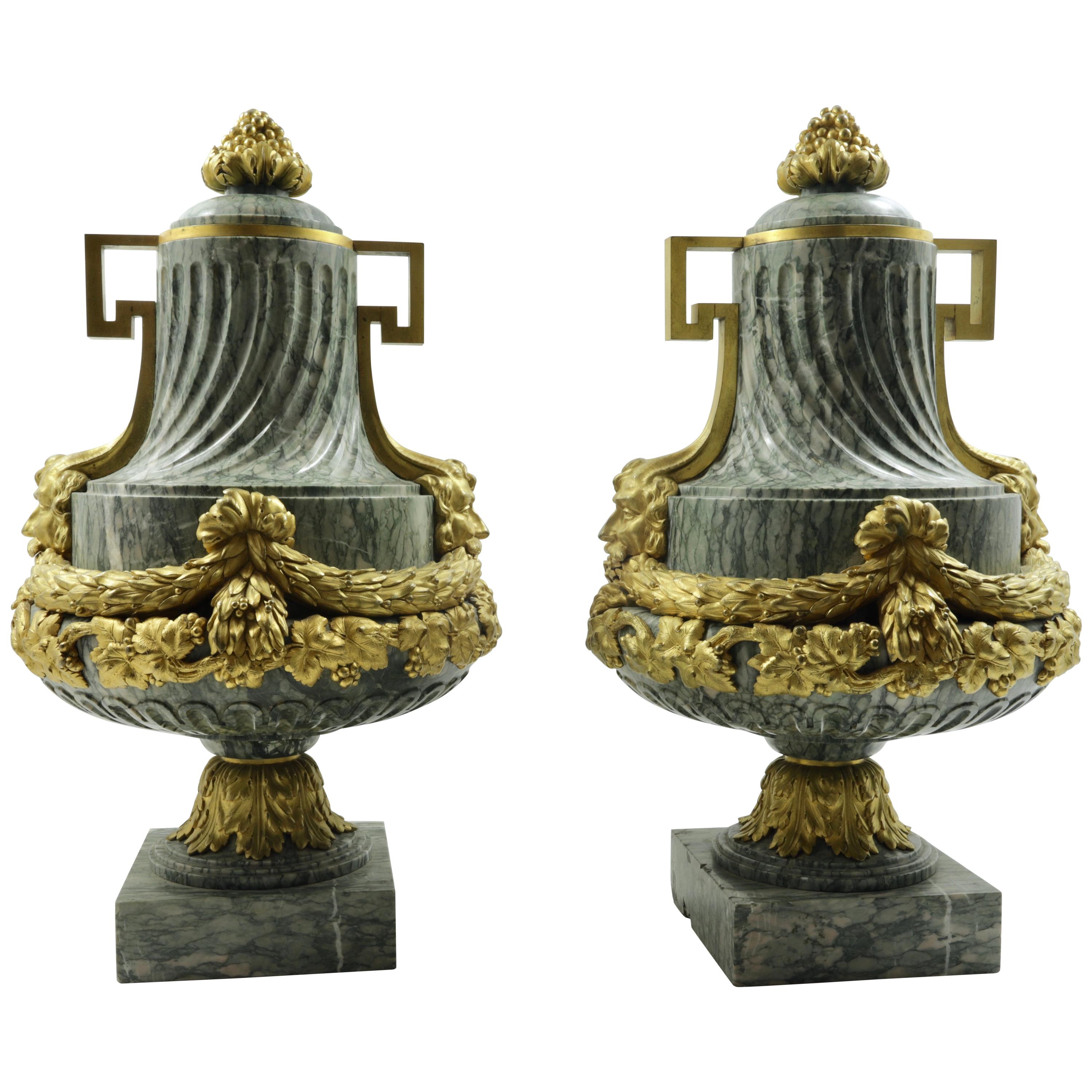 Pair French 19th Century Louis XVI Style Marble and Gilt Bronze Urns