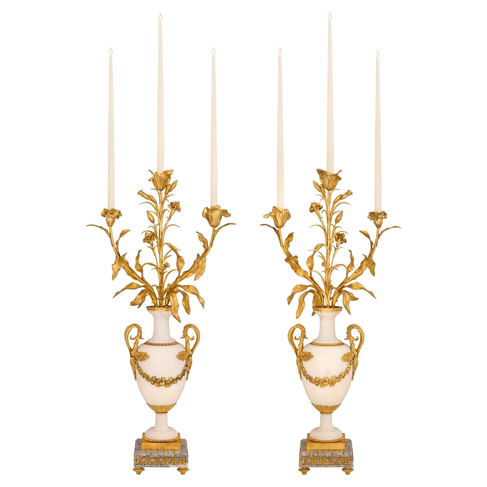 Pair of French 19th Century Louis XVI Style Marble and Ormolu Candelabras For Sale