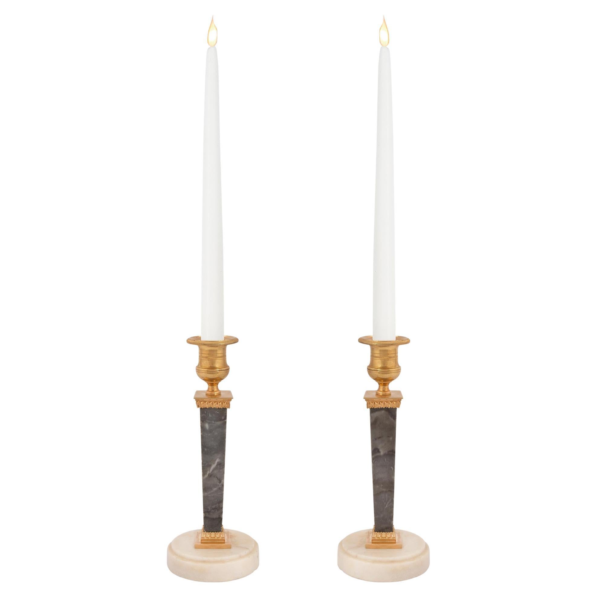 Pair of French 19th Century Louis XVI Style Marble and Ormolu Candlesticks